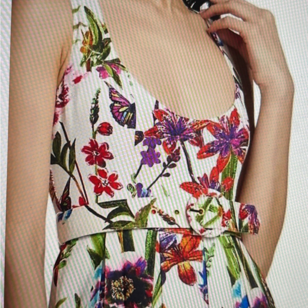 LTD Athena Belted White Botanical Floral Linen-Blend MIDI Dress